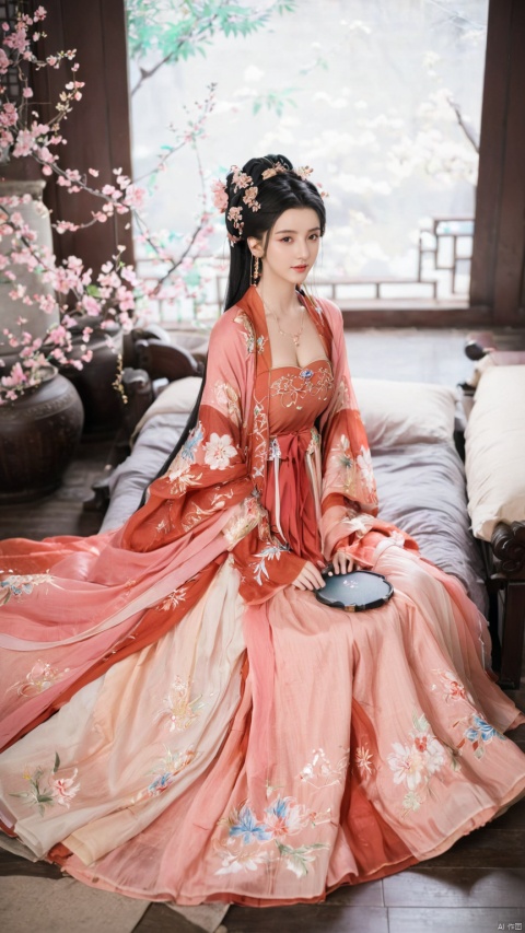  1girl, solo, long hair, black hair,Hairpins,necklace, hair ornament, long dress, full body, flower, earrings, indoors, hair bun, pink dress,(Tube top Hanfu long skirt:1.1), pillow, bed, night, chinese clothes, table, branch,daxiushan, ,daxiushan style,(huge breasts:1.7), (full breasts), realistic,hanfu, daxiushan,Shoulders are exposed, , daxiushan, arien_hanfu