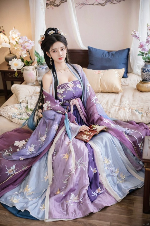  1girl, solo, long hair, white hair,Hairpins,necklace, hair ornament, long dress, full body, flower, earrings, indoors, hair bun, purple dress,(Tube top Hanfu long skirt:1.2), pillow, bed, night, chinese clothes, table, branch,daxiushan, ,daxiushan style,(huge breasts:2.1), (full breasts:1.7), realistic,hanfu, daxiushan,Shoulders are exposed, , daxiushan, arien_hanfu