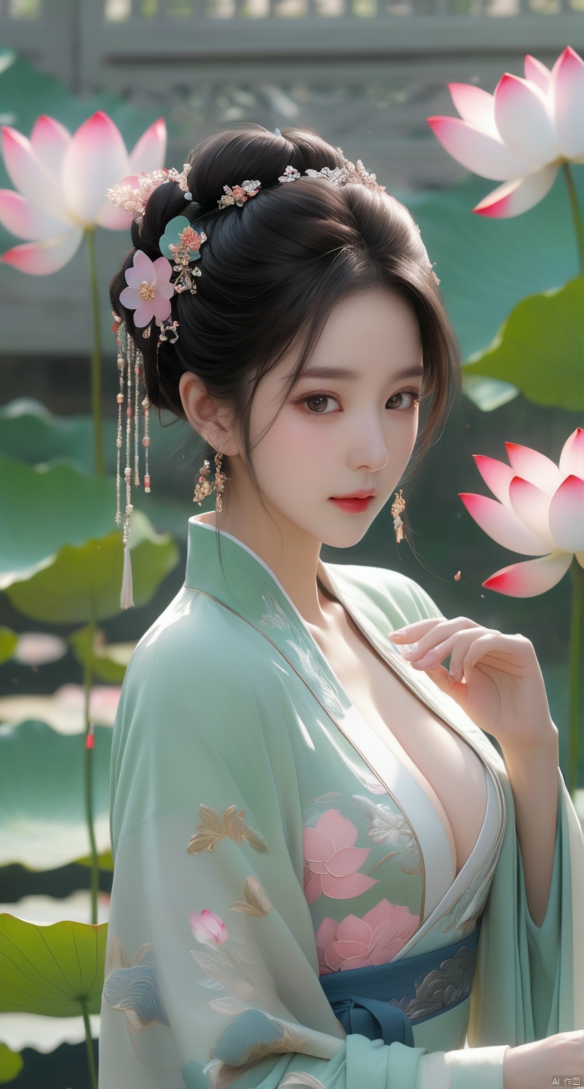  Best quality, Realistic, photorealistic, masterpiece, extremely detailed CG unity 8k wallpaper, best illumination, best shadow, huge filesize ,(huge breasts:2) incredibly absurdres, absurdres, looking at viewer, transparent, smog, gauze, vase, petals, room, ancient Chinese style, detailed background, wide shot background,
(((1gilr,black hair))),(Sitting on the lotus pond porch:1.39) ,(huge breasts:2.4),(A pond full of pink lotus flowers:1.3),close up of 1girl,Hairpins,hair ornament,hair wings,slim,narrow waist,(huge breasts:2.3),perfect eyes,beautiful perfect face,pleasant smile,perfect female figure,detailed skin,charming,alluring,seductive,erotic,enchanting,delicate pattern,detailed complex and rich exquisite clothing detail,delicate intricate fabrics,
Morning Serenade In the gentle morning glow, (a woman in a pink lotus-patterned Hanfu stands in an indoor courtyard:1.26),(Chinese traditional dragon and phoenix embroidered Hanfu:1.3), admiring the tranquil garden scenery. The lotus-patterned Hanfu, embellished with silver-thread embroidery, is softly illuminated by the morning light. The light mint green Hanfu imparts a sense of calm and freshness, adorned with delicate lotus patterns, with a blurred background to enhance the peaceful atmosphere,(huge breasts:2.5), puregirl, g009