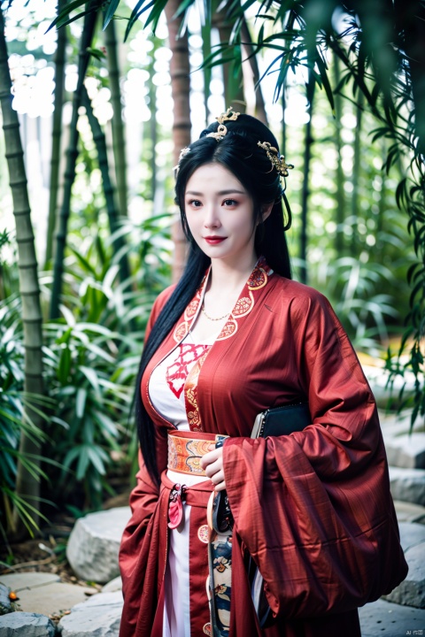  1girl, solo, long hair, black hair, hair ornament, bag, blurry, black eyes, chinese clothes, realistic, bamboo, hanfu, hanfu zhanguo,(big breasts:1.39),