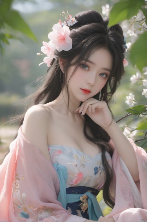 arien_hanfu,1girl, solo, flower, long hair, black hair, hair ornament, (big breasts:1.69),hair flower, blue|green eyes, floral print, chinese clothes, looking at viewer, detached sleeves, upper body, white flower, parted lips, dress, pink flower, china dress, bare shoulders, blush, red flower, eyelashes, white dress, lips, sleeveless, parted bangs, grey background, gongzhuqie, neon_dress,huansha, glowing,lens flare,big leaf,plant, wind, chang,(big breasts:1.89), light master, MAJICMIX STYLE