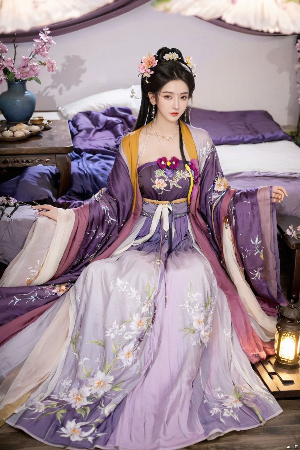  1girl, solo, long hair, white hair,Hairpins,necklace, hair ornament, long dress, full body, flower, earrings, indoors, hair bun, purple dress,(Tube top Hanfu long skirt:1.2), pillow, bed, night, chinese clothes, table, branch,daxiushan, ,daxiushan style,(huge breasts:2.1), (full breasts:1.7), realistic,hanfu, daxiushan,Shoulders are exposed, , daxiushan, arien_hanfu