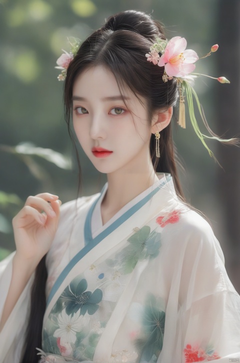  arien_hanfu,1girl, solo, flower, long hair, black hair, hair ornament, (big breasts:1.69),hair flower, blue|green eyes, floral print, chinese clothes, looking at viewer, detached sleeves, upper body, white flower, parted lips, dress, pink flower, china dress, bare shoulders, blush, red flower, eyelashes, white dress, lips, sleeveless, parted bangs, grey background, gongzhuqie, neon_dress,huansha, glowing,lens flare,big leaf,plant, wind, chang,(big breasts:1.79), light master, MAJICMIX STYLE