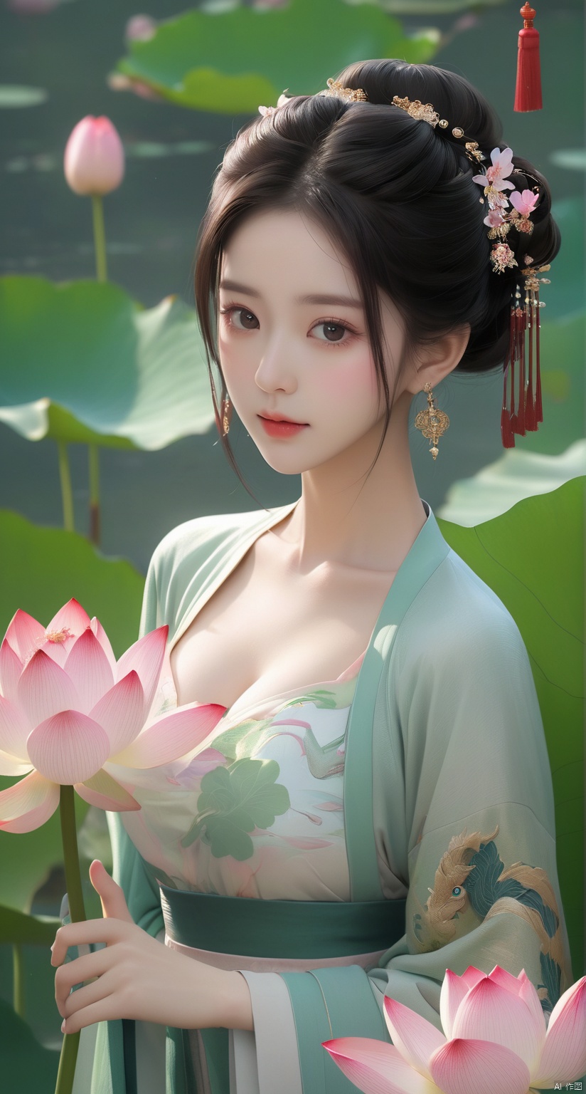  Best quality, Realistic, photorealistic, masterpiece, extremely detailed CG unity 8k wallpaper, best illumination, best shadow, huge filesize ,(huge breasts:2.3) incredibly absurdres, absurdres, looking at viewer, transparent, smog, gauze, vase, petals, room, ancient Chinese style, detailed background, wide shot background,
(((1gilr,black hair))),(Sitting on the lotus pond porch:1.39) ,(huge breasts:2.4),(A pond full of pink lotus flowers:1.3),close up of 1girl,Hairpins,hair ornament,hair wings,slim,narrow waist,(huge breasts:2.5),perfect eyes,beautiful perfect face,pleasant smile,perfect female figure,detailed skin,charming,alluring,seductive,erotic,enchanting,delicate pattern,detailed complex and rich exquisite clothing detail,delicate intricate fabrics,
Morning Serenade In the gentle morning glow, (a woman in a pink lotus-patterned Hanfu stands in an indoor courtyard:1.26),(Chinese traditional dragon and phoenix embroidered Hanfu:1.3), admiring the tranquil garden scenery. The lotus-patterned Hanfu, embellished with silver-thread embroidery, is softly illuminated by the morning light. The light mint green Hanfu imparts a sense of calm and freshness, adorned with delicate lotus patterns, with a blurred background to enhance the peaceful atmosphere,(huge breasts:2.7), puregirl, g009