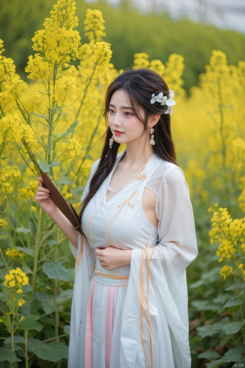  Enhanced, masterpiece, 16K, girl, Solo, Flower Field, rape flower, (\meng ze\), yue , hair ornament , hanfu,(big breasts:1.36)