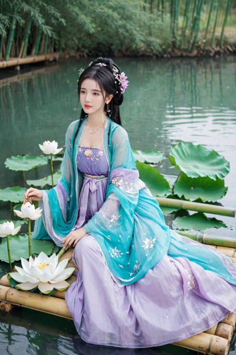  1girl, solo, long hair, white hair,Hairpins,necklace, hair ornament, long dress, full body, flower, earrings, (A beautiful girl sitting on a bamboo raft in the water, swimming downstream:1.2), (Huge lotus, rain:1.2), (full body), (aqua_china_dress:1.2), hair bun, (purple dress:1.1),(Tube top Hanfu long skirt:1.2), pillow, bed, night, chinese clothes, table, branch,daxiushan, ,daxiushan style,(huge breasts:2), (full breasts:1.7), realistic,hanfu, daxiushan,Shoulders are exposed, , daxiushan, arien_hanfu