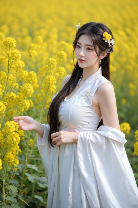  Enhanced, masterpiece, 16K, girl, Solo, Flower Field, rape flower, (\meng ze\), yue , hair ornament , hanfu,(big breasts:1.36)