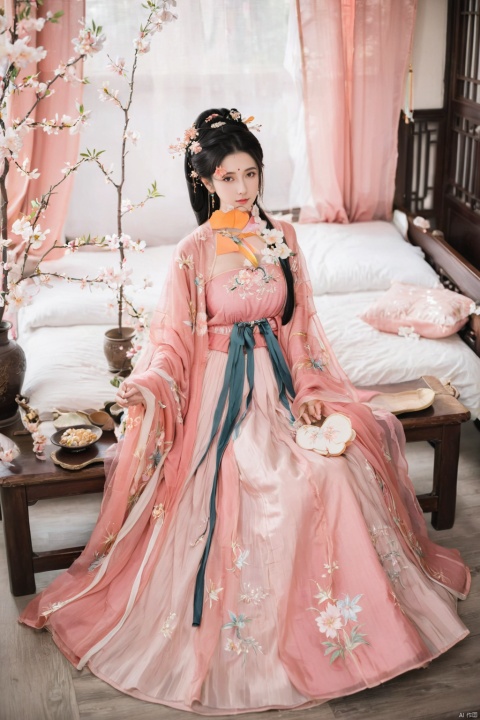  1girl, solo, long hair, black hair,Hairpins,necklace, hair ornament, long dress, full body, flower, earrings, indoors, hair bun, pink dress,(Tube top Hanfu long skirt:1.1), pillow, bed, night, chinese clothes, table, branch,daxiushan, ,daxiushan style,(huge breasts:1.9), (full breasts:1.5), realistic,hanfu, daxiushan,Shoulders are exposed, , daxiushan, arien_hanfu