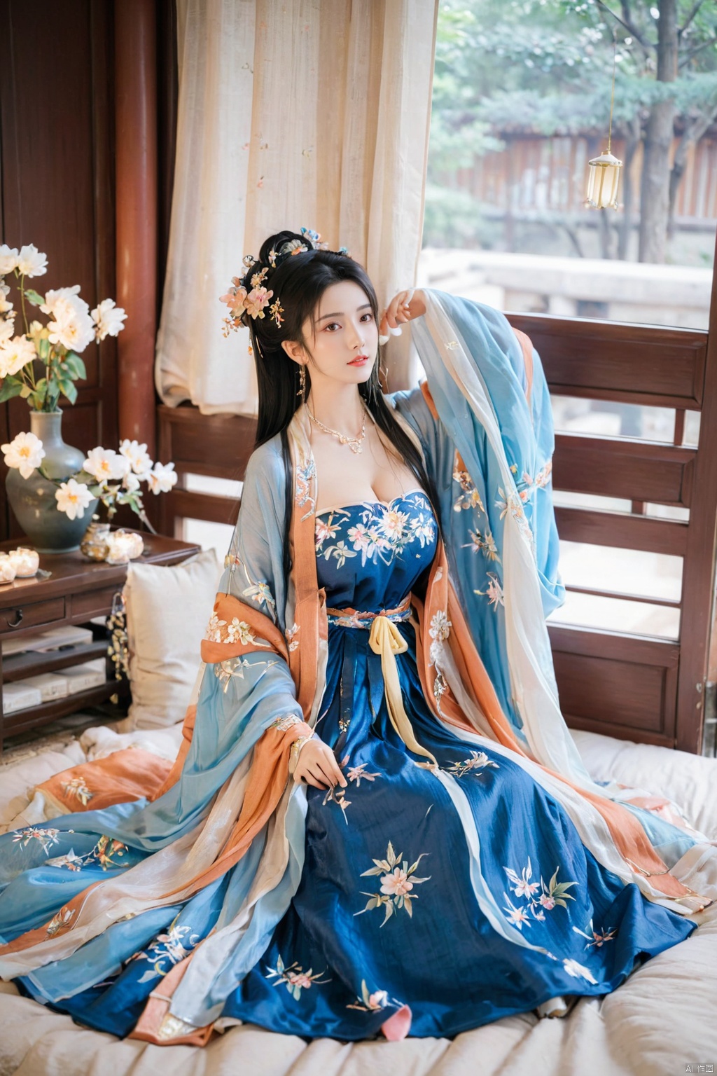  1girl, solo, long hair, white hair,Hairpins,necklace, hair ornament, long dress, full body, flower, earrings, indoors, hair bun, blue dress,(Tube top Hanfu long skirt:1.2), pillow, bed, night, chinese clothes, table, branch,daxiushan, ,daxiushan style,(huge breasts:2.1), (full breasts:1.7), realistic,hanfu, daxiushan,Shoulders are exposed, , daxiushan, arien_hanfu