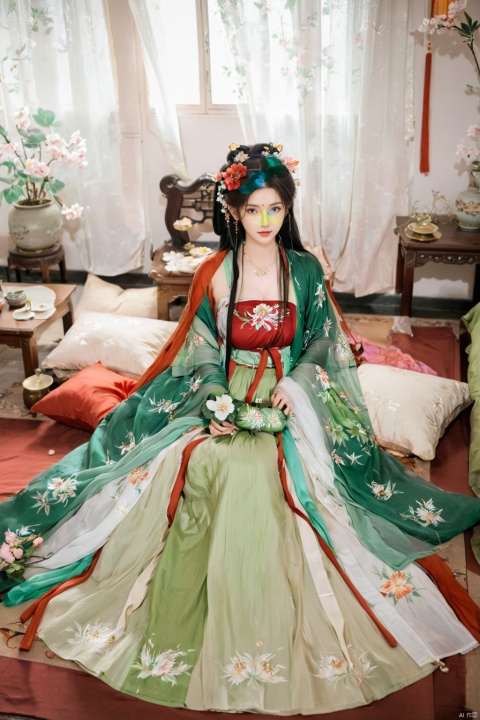  1girl, solo, long hair, white hair,Hairpins,necklace, hair ornament, long dress, full body, flower, earrings, indoors, hair bun, green dress,(Tube top Hanfu long skirt:1.2), pillow, bed, night, chinese clothes, table, branch,daxiushan, ,daxiushan style,(huge breasts:2.1), (full breasts:1.7), realistic,hanfu, daxiushan,Shoulders are exposed, , daxiushan, arien_hanfu