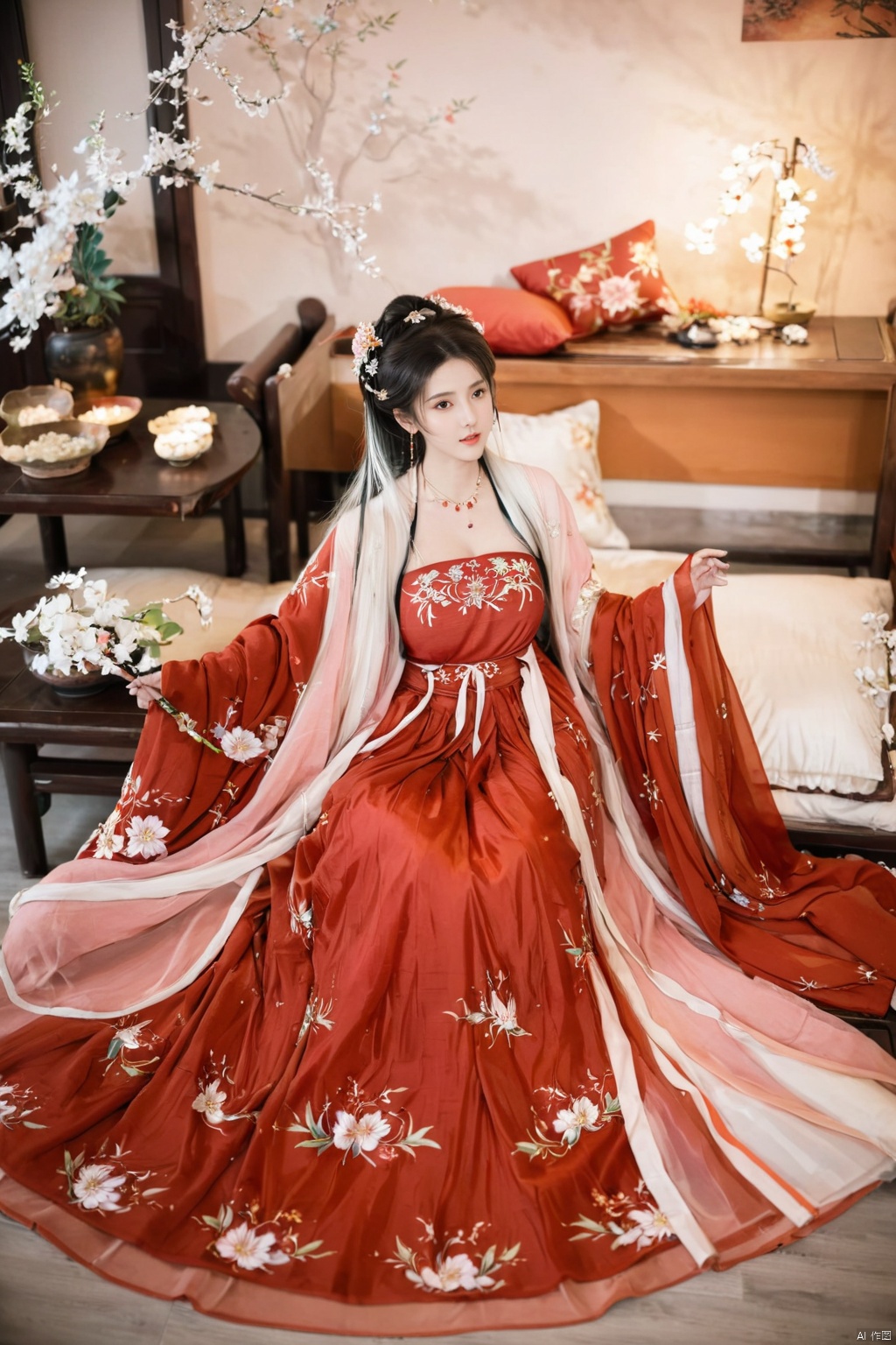  1girl, solo, long hair, white hair,Hairpins,necklace, hair ornament, long dress, full body, flower, earrings, indoors, hair bun, red dress,(Tube top Hanfu long skirt:1.2), pillow, bed, night, chinese clothes, table, branch,daxiushan, ,daxiushan style,(huge breasts:2.1), (full breasts:1.7), realistic,hanfu, daxiushan,Shoulders are exposed, , daxiushan, arien_hanfu