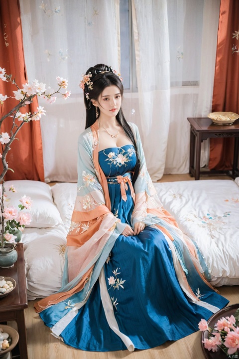  1girl, solo, long hair, white hair,Hairpins,necklace, hair ornament, long dress, full body, flower, earrings, indoors, hair bun, blue dress,(Tube top Hanfu long skirt:1.2), pillow, bed, night, chinese clothes, table, branch,daxiushan, ,daxiushan style,(huge breasts:2.1), (full breasts:1.7), realistic,hanfu, daxiushan,Shoulders are exposed, , daxiushan, arien_hanfu