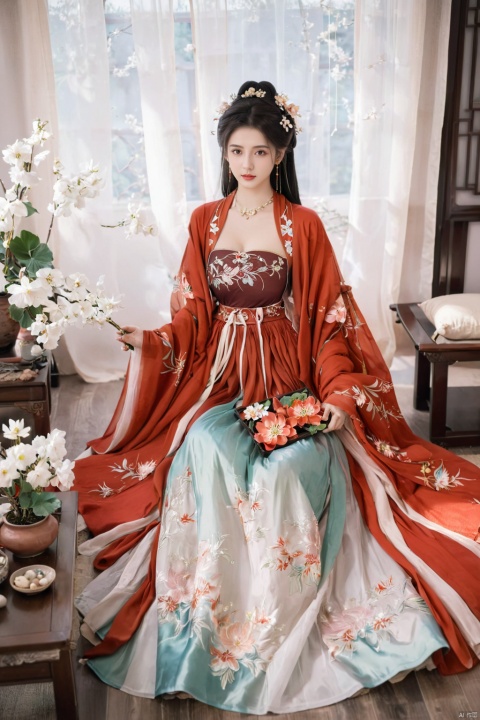  1girl, solo, long hair, white hair,Hairpins,necklace, hair ornament, long dress, full body, flower, earrings, indoors, hair bun, red dress,(Tube top Hanfu long skirt:1.2), pillow, bed, night, chinese clothes, table, branch,daxiushan, ,daxiushan style,(huge breasts:2.1), (full breasts:1.7), realistic,hanfu, daxiushan,Shoulders are exposed, , daxiushan, arien_hanfu