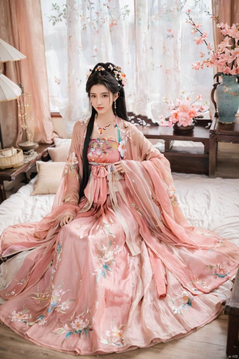  1girl, solo, long hair, black hair,Hairpins,necklace, hair ornament, long dress, full body, flower, earrings, indoors, hair bun, pink dress,(Tube top Hanfu long skirt:1.1), pillow, bed, night, chinese clothes, table, branch,daxiushan, ,daxiushan style,(huge breasts:1.7), (full breasts), realistic,hanfu, daxiushan,Shoulders are exposed, , daxiushan, arien_hanfu