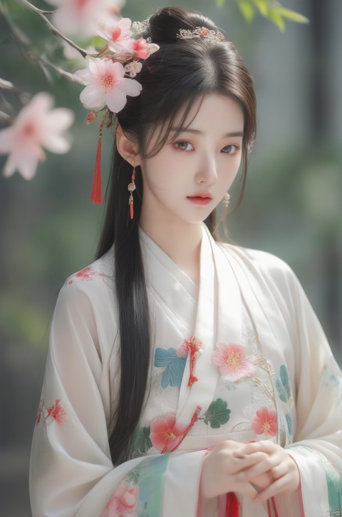  arien_hanfu,1girl, solo, flower, long hair, black hair, hair ornament, (big breasts:1.99),hair flower, blue|green eyes, floral print, chinese clothes, looking at viewer, detached sleeves, upper body, white flower, parted lips, dress, pink flower, china dress, bare shoulders, blush, red flower, eyelashes, white dress, lips, sleeveless, parted bangs, grey background, gongzhuqie, neon_dress,huansha, glowing,lens flare,big leaf,plant, wind, chang,(big breasts:2.2), light master, MAJICMIX STYLE