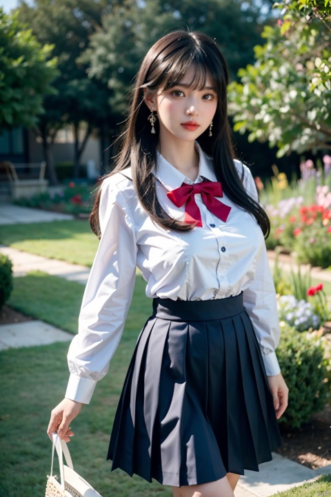  1girl, long hair, shirt, skirt, hair ornament,bangs, jewelry, earrings,cowboy shot,school uniform, red bowtie,(big breasts:1.49), bangs,sailor collar,blue sailor collar,black hair, white shirt, blue skirt, red bow, pleated skirt, pleated dress,long sleeves, look at viewer,outdoors, (Sunny Day, Walking in the Garden), (masterpiece, best quality),