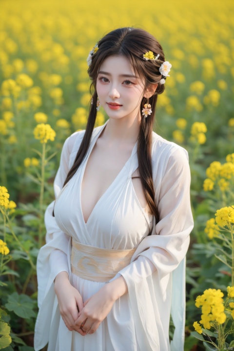  Enhanced, masterpiece, 16K, girl, Solo, Flower Field, rape flower, (\meng ze\), yue , hair ornament , hanfu,(big breasts:1.39)