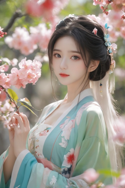 arien_hanfu,1girl, solo, flower, long hair, black hair, hair ornament, (big breasts:1.89),hair flower, blue|green eyes, floral print, chinese clothes, looking at viewer, detached sleeves, upper body, white flower, parted lips, dress, pink flower, china dress, bare shoulders, blush, red flower, eyelashes, white dress, lips, sleeveless, parted bangs, grey background, gongzhuqie, neon_dress,huansha, glowing,lens flare,big leaf,plant, wind, chang,(big breasts:1.99), light master, MAJICMIX STYLE