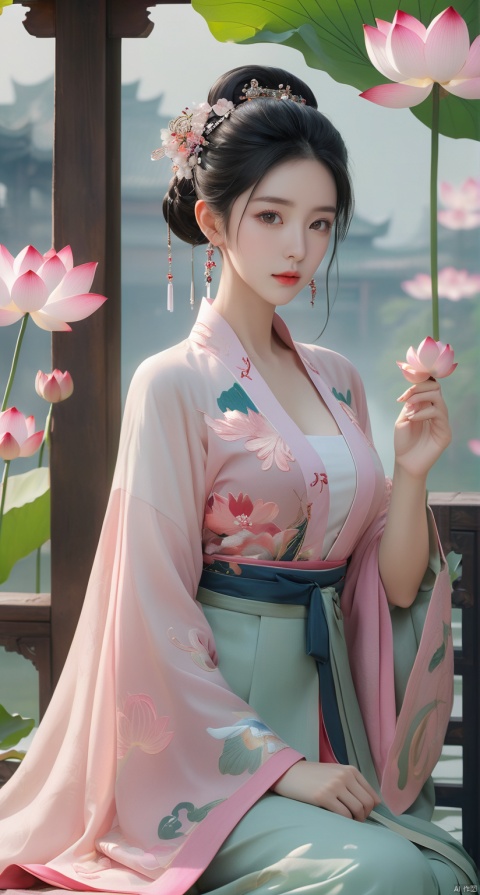  Best quality, Realistic, photorealistic, masterpiece, extremely detailed CG unity 8k wallpaper, best illumination, best shadow, huge filesize ,(huge breasts:2) incredibly absurdres, absurdres, looking at viewer, transparent, smog, gauze, vase, petals, room, ancient Chinese style, detailed background, wide shot background,
(((1gilr,black hair))),(Sitting on the lotus pond porch:1.39) ,(huge breasts:2.1),(A pond full of pink lotus flowers:1.3),close up of 1girl,Hairpins,hair ornament,hair wings,slim,narrow waist,(huge breasts:2.3),perfect eyes,beautiful perfect face,pleasant smile,perfect female figure,detailed skin,charming,alluring,seductive,erotic,enchanting,delicate pattern,detailed complex and rich exquisite clothing detail,delicate intricate fabrics,
Morning Serenade In the gentle morning glow, (a woman in a pink lotus-patterned Hanfu stands in an indoor courtyard:1.26),(Chinese traditional dragon and phoenix embroidered Hanfu:1.3), admiring the tranquil garden scenery. The lotus-patterned Hanfu, embellished with silver-thread embroidery, is softly illuminated by the morning light. The light mint green Hanfu imparts a sense of calm and freshness, adorned with delicate lotus patterns, with a blurred background to enhance the peaceful atmosphere,(huge breasts:2.3), puregirl, g009