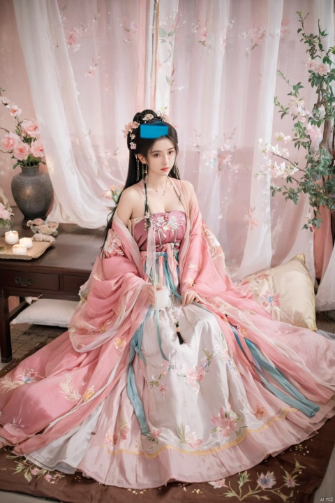  1girl, solo, long hair, white hair,Hairpins,necklace, hair ornament, long dress, full body, flower, earrings, indoors, hair bun, pink dress,(Tube top Hanfu long skirt:1.2), pillow, bed, night, chinese clothes, table, branch,daxiushan, ,daxiushan style,(huge breasts:2.1), (full breasts:1.7), realistic,hanfu, daxiushan,Shoulders are exposed, , daxiushan, arien_hanfu