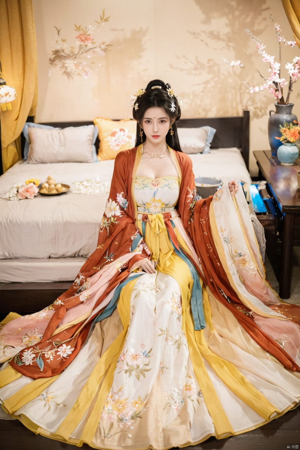  1girl, solo, long hair, white hair,Hairpins,necklace, hair ornament, long dress, full body, flower, earrings, indoors, hair bun, yellow dress,(Tube top Hanfu long skirt:1.2), pillow, bed, night, chinese clothes, table, branch,daxiushan, ,daxiushan style,(huge breasts:2.1), (full breasts:1.7), realistic,hanfu, daxiushan,Shoulders are exposed, , daxiushan, arien_hanfu