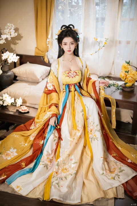  1girl, solo, long hair, white hair,Hairpins,necklace, hair ornament, long dress, full body, flower, earrings, indoors, hair bun, yellow dress,(Tube top Hanfu long skirt:1.2), pillow, bed, night, chinese clothes, table, branch,daxiushan, ,daxiushan style,(huge breasts:2.1), (full breasts:1.7), realistic,hanfu, daxiushan,Shoulders are exposed, , daxiushan, arien_hanfu