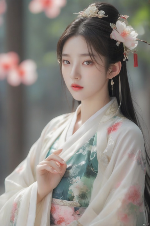  arien_hanfu,1girl, solo, flower, long hair, black hair, hair ornament, (huge breasts:1.99),hair flower, blue|green eyes, floral print, chinese clothes, looking at viewer, detached sleeves, upper body, white flower, parted lips, dress, pink flower, china dress, bare shoulders, blush, red flower, eyelashes, white dress, lips, sleeveless, parted bangs, grey background, gongzhuqie, neon_dress,huansha, glowing,lens flare,big leaf,plant, wind, chang,(huge breasts:2.2), light master, MAJICMIX STYLE