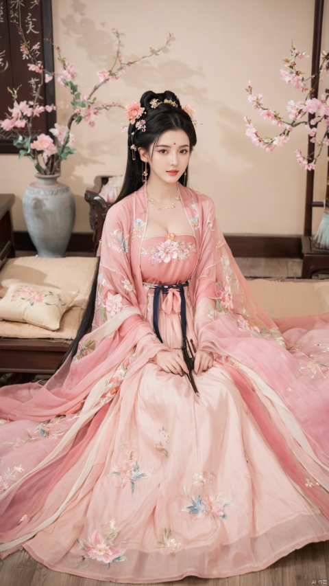  1girl, solo, long hair, black hair,Hairpins,necklace, hair ornament, long dress, full body, flower, earrings, indoors, hair bun, pink dress,(Tube top Hanfu long skirt:1.1), pillow, bed, night, chinese clothes, table, branch,daxiushan, ,daxiushan style,(huge breasts:1.7), (full breasts), realistic,hanfu, daxiushan,Shoulders are exposed, , daxiushan, arien_hanfu