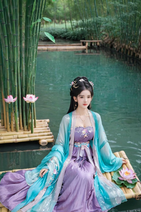  1girl, solo, long hair, white hair,Hairpins,necklace, hair ornament, long dress, full body, flower, earrings, (A beautiful girl sitting on a bamboo raft in the water, swimming downstream:1.2), (Huge lotus, rain:1.2), (full body), (aqua_china_dress:1.2), hair bun, (purple dress:1.1),(Tube top Hanfu long skirt:1.2), pillow, bed, night, chinese clothes, table, branch,daxiushan, ,daxiushan style,(huge breasts:2), (full breasts:1.7), realistic,hanfu, daxiushan,Shoulders are exposed, , daxiushan, arien_hanfu