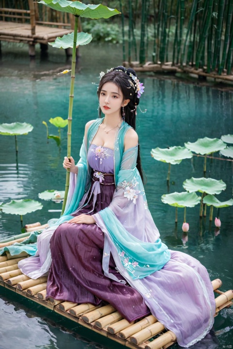  1girl, solo, long hair, white hair,Hairpins,necklace, hair ornament, long dress, full body, flower, earrings, (A beautiful girl sitting on a bamboo raft in the water, swimming downstream:1.2), (Huge lotus, rain:1.2), (full body), (aqua_china_dress:1.2), hair bun, (purple dress:1.1),(Tube top Hanfu long skirt:1.2), pillow, bed, night, chinese clothes, table, branch,daxiushan, ,daxiushan style,(huge breasts:2.1), (full breasts:1.7), realistic,hanfu, daxiushan,Shoulders are exposed, , daxiushan, arien_hanfu