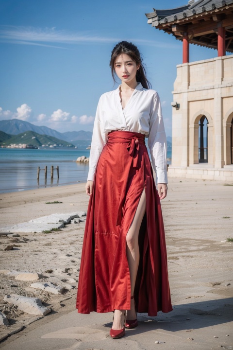  On the beach, a beautiful girl, long hair, standing, upper body wearing a suit,, (big breasts :1.39), lower body wearing stockings, feet in red high heels (round at the knee), waiting for someone, high cold royal sister, 1girl, shuimo, DUNHUANG_CLOTHS,bamboo,moyou, xiayuhe, chang, long skirt,(big breasts:1.5)