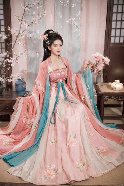  1girl, solo, long hair, white hair,Hairpins,necklace, hair ornament, long dress, full body, flower, earrings, indoors, hair bun, pink dress,(Tube top Hanfu long skirt:1.2), pillow, bed, night, chinese clothes, table, branch,daxiushan, ,daxiushan style,(huge breasts:2.1), (full breasts:1.7), realistic,hanfu, daxiushan,Shoulders are exposed, , daxiushan, arien_hanfu