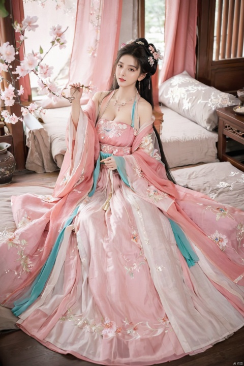  1girl, solo, long hair, white hair,Hairpins,necklace, hair ornament, long dress, full body, flower, earrings, indoors, hair bun, pink dress,(Tube top Hanfu long skirt:1.2), pillow, bed, night, chinese clothes, table, branch,daxiushan, ,daxiushan style,(huge breasts:2.1), (full breasts:1.7), realistic,hanfu, daxiushan,Shoulders are exposed, , daxiushan, arien_hanfu