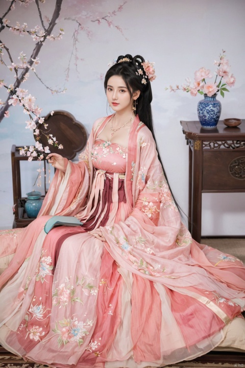  1girl, solo, long hair, black hair,Hairpins,necklace, hair ornament, long dress, full body, flower, earrings, indoors, hair bun, pink dress,(Tube top Hanfu long skirt:1.1), pillow, bed, night, chinese clothes, table, branch,daxiushan, ,daxiushan style,(huge breasts:1.9), (full breasts:1.5), realistic,hanfu, daxiushan,Shoulders are exposed, , daxiushan, arien_hanfu