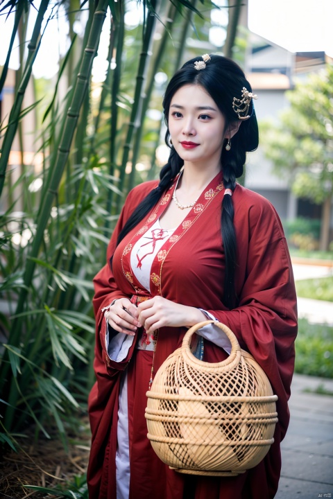  1girl, solo, long hair, black hair, hair ornament, bag, blurry, black eyes, chinese clothes, realistic, bamboo, hanfu, hanfu zhanguo,(big breasts:1.39),