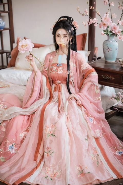  1girl, solo, long hair, black hair,Hairpins,necklace, hair ornament, long dress, full body, flower, earrings, indoors, hair bun, pink dress,(Tube top Hanfu long skirt:1.1), pillow, bed, night, chinese clothes, table, branch,daxiushan, ,daxiushan style,(huge breasts:1.9), (full breasts:1.5), realistic,hanfu, daxiushan,Shoulders are exposed, , daxiushan, arien_hanfu