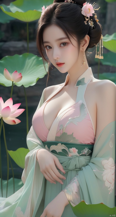  Best quality, Realistic, photorealistic, masterpiece, extremely detailed CG unity 8k wallpaper, best illumination, best shadow, huge filesize ,(huge breasts:2) incredibly absurdres, absurdres, looking at viewer, transparent, smog, gauze, vase, petals, room, ancient Chinese style, detailed background, wide shot background,
(((1gilr,black hair))),(Sitting on the lotus pond porch:1.39) ,(huge breasts:2.4),(A pond full of pink lotus flowers:1.3),close up of 1girl,Hairpins,hair ornament,hair wings,slim,narrow waist,(huge breasts:2.3),perfect eyes,beautiful perfect face,pleasant smile,perfect female figure,detailed skin,charming,alluring,seductive,erotic,enchanting,delicate pattern,detailed complex and rich exquisite clothing detail,delicate intricate fabrics,
Morning Serenade In the gentle morning glow, (a woman in a pink lotus-patterned Hanfu stands in an indoor courtyard:1.26),(Chinese traditional dragon and phoenix embroidered Hanfu:1.3), admiring the tranquil garden scenery. The lotus-patterned Hanfu, embellished with silver-thread embroidery, is softly illuminated by the morning light. The light mint green Hanfu imparts a sense of calm and freshness, adorned with delicate lotus patterns, with a blurred background to enhance the peaceful atmosphere,(huge breasts:2.5), puregirl, g009