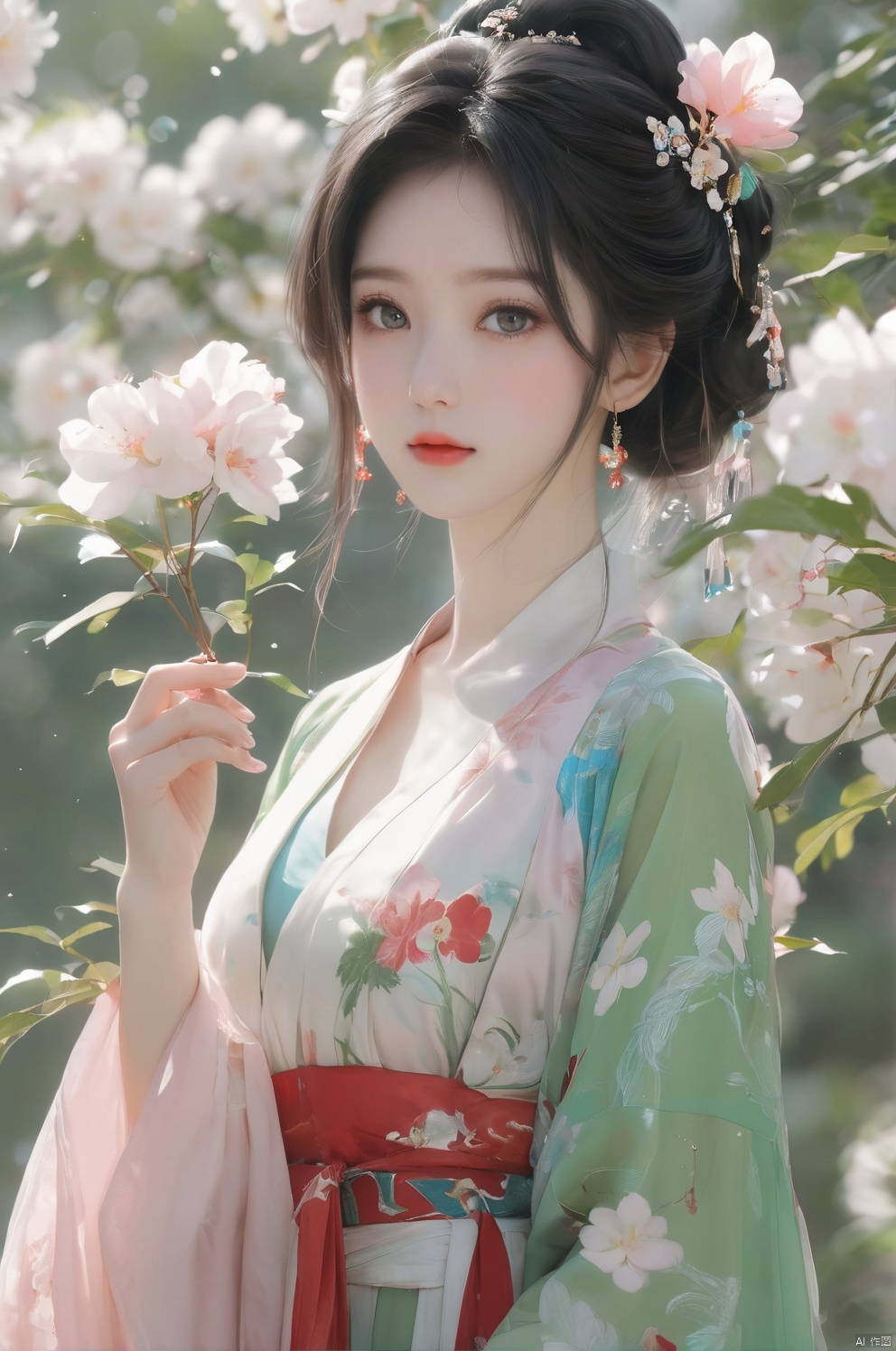 arien_hanfu,1girl, solo, flower, long hair, black hair, hair ornament, (big breasts:1.79),hair flower, blue|green eyes, floral print, chinese clothes, looking at viewer, detached sleeves, upper body, white flower, parted lips, dress, pink flower, china dress, bare shoulders, blush, red flower, eyelashes, white dress, lips, sleeveless, parted bangs, grey background, gongzhuqie, neon_dress,huansha, glowing,lens flare,big leaf,plant, wind, chang,(big breasts:1.99), light master, MAJICMIX STYLE