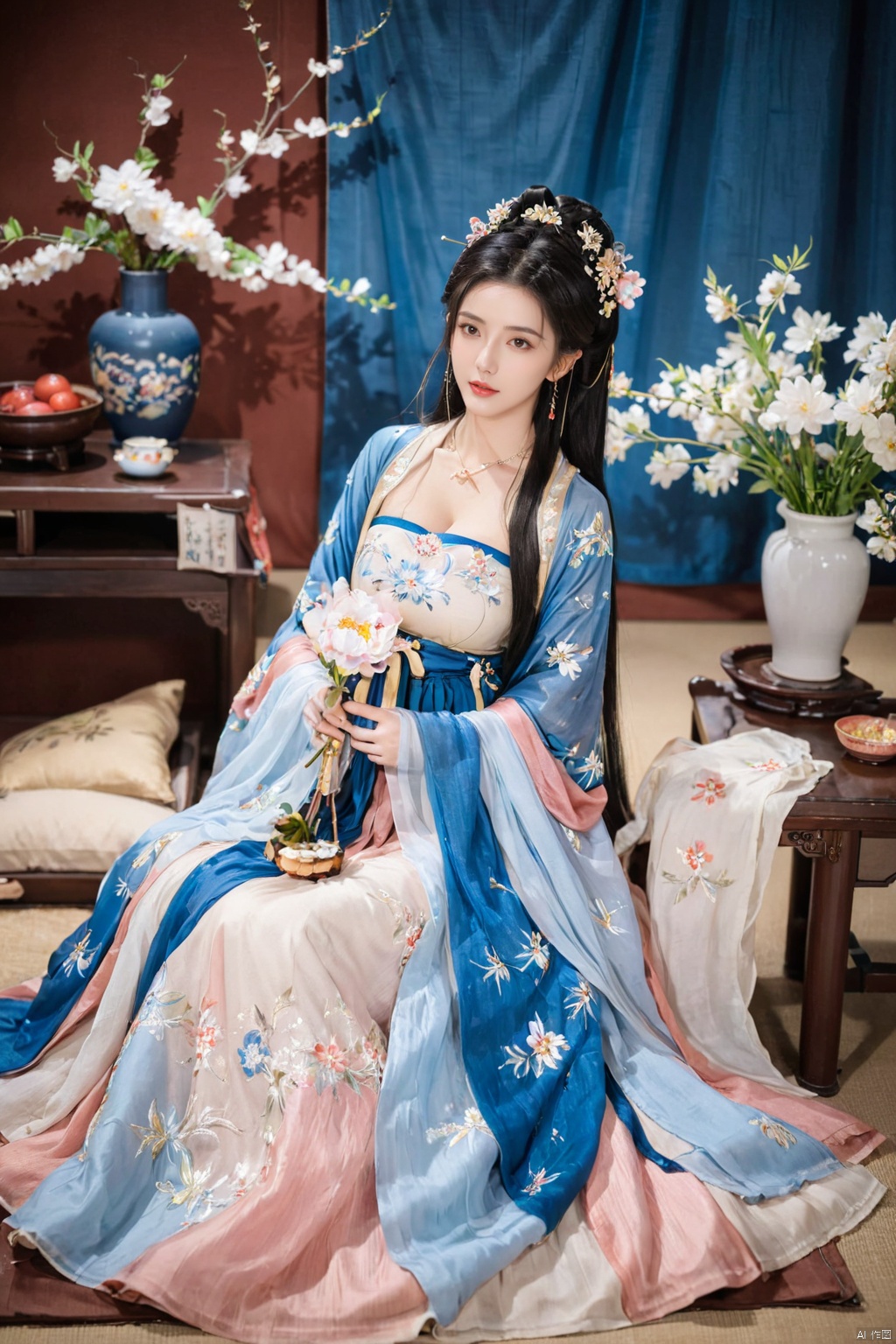 1girl, solo, long hair, white hair,Hairpins,necklace, hair ornament, long dress, full body, flower, earrings, indoors, hair bun, blue dress,(Tube top Hanfu long skirt:1.2), pillow, bed, night, chinese clothes, table, branch,daxiushan, ,daxiushan style,(huge breasts:2.1), (full breasts:1.7), realistic,hanfu, daxiushan,Shoulders are exposed, , daxiushan, arien_hanfu