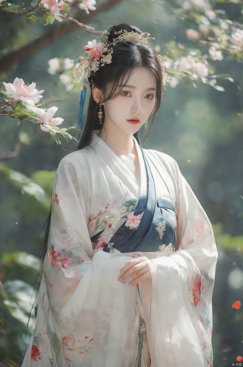  arien_hanfu,1girl, solo, flower, long hair, black hair, hair ornament, (big breasts:1.69),hair flower, blue|green eyes, floral print, chinese clothes, looking at viewer, detached sleeves, upper body, white flower, parted lips, dress, pink flower, china dress, bare shoulders, blush, red flower, eyelashes, white dress, lips, sleeveless, parted bangs, grey background, gongzhuqie, neon_dress,huansha, glowing,lens flare,big leaf,plant, wind, chang,(big breasts:1.79), light master, MAJICMIX STYLE