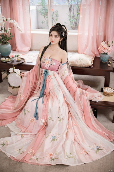  1girl, solo, long hair, white hair,Hairpins,necklace, hair ornament, long dress, full body, flower, earrings, indoors, hair bun, pink dress,(Tube top Hanfu long skirt:1.2), pillow, bed, night, chinese clothes, table, branch,daxiushan, ,daxiushan style,(huge breasts:2.1), (full breasts:1.7), realistic,hanfu, daxiushan,Shoulders are exposed, , daxiushan, arien_hanfu