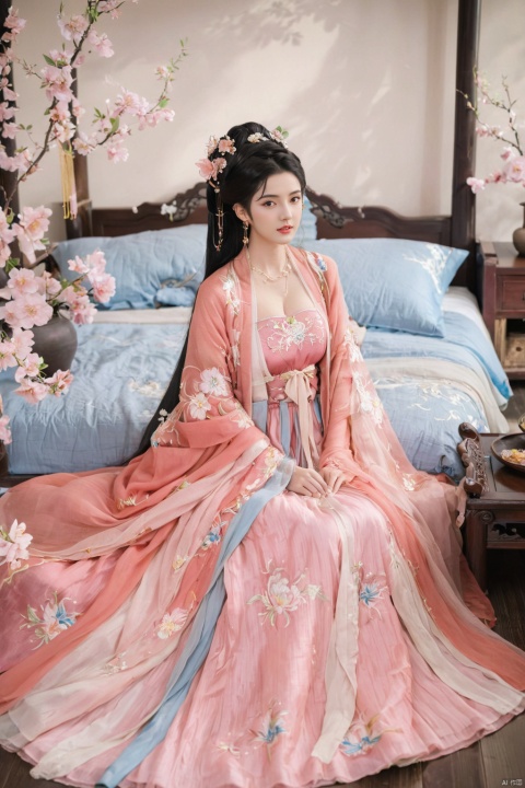  1girl, solo, long hair, black hair,Hairpins,necklace, hair ornament, long dress, full body, flower, earrings, indoors, hair bun, pink dress,(Tube top Hanfu long skirt:1.1), pillow, bed, night, chinese clothes, table, branch,daxiushan, ,daxiushan style,(huge breasts:1.9), (full breasts:1.5), realistic,hanfu, daxiushan,Shoulders are exposed, , daxiushan, arien_hanfu