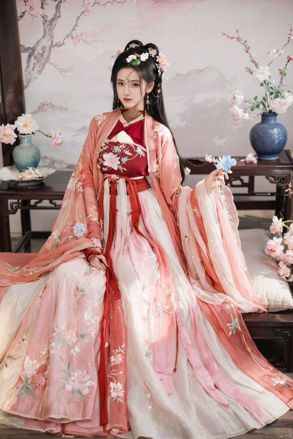  1girl, solo, long hair, white hair,Hairpins,necklace, hair ornament, long dress, full body, flower, earrings, indoors, hair bun, pink dress,(Tube top Hanfu long skirt:1.2), pillow, bed, night, chinese clothes, table, branch,daxiushan, ,daxiushan style,(huge breasts:2.1), (full breasts:1.7), realistic,hanfu, daxiushan,Shoulders are exposed, , daxiushan, arien_hanfu