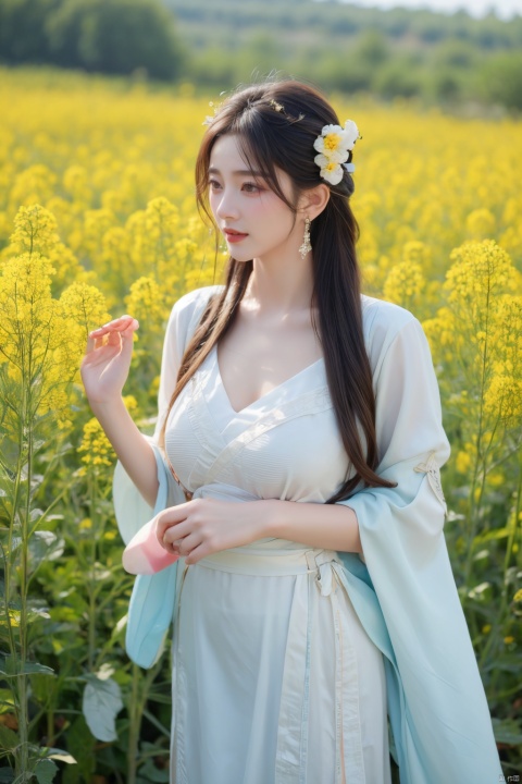  Enhanced, masterpiece, 16K, girl, Solo, Flower Field, rape flower, (\meng ze\), yue , hair ornament , hanfu,(big breasts:1.39)