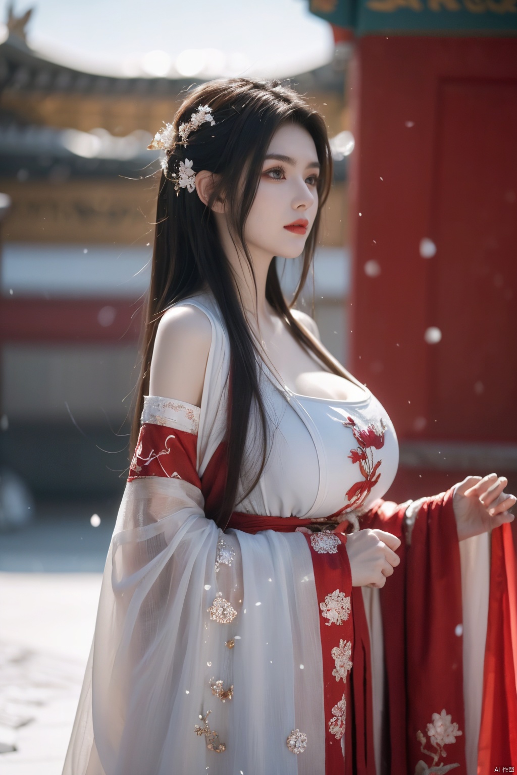  arien_hanfu,1girl,half,(Masterpiece:1.2), best quality, arien_hanfu, 1girl, (falling_snow:1.3), looking_at_viewer, , (big breasts:1.56), shuimo, chang