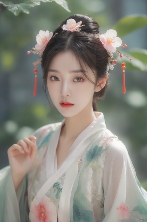  arien_hanfu,1girl, solo, flower, long hair, black hair, hair ornament, (big breasts:1.6),hair flower, blue|green eyes, floral print, chinese clothes, looking at viewer, detached sleeves, upper body, white flower, parted lips, dress, pink flower, china dress, bare shoulders, blush, red flower, eyelashes, white dress, lips, sleeveless, parted bangs, grey background, gongzhuqie, neon_dress,huansha, glowing,lens flare,big leaf,plant, wind, chang,(big breasts:1.66), light master, MAJICMIX STYLE