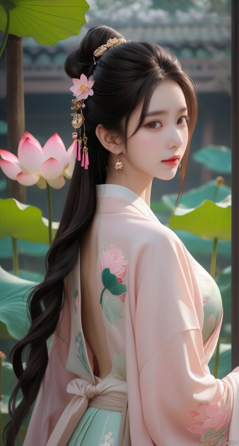 Best quality, Realistic, photorealistic, masterpiece, extremely detailed CG unity 8k wallpaper, best illumination, best shadow, huge filesize ,(huge breasts:2) incredibly absurdres, absurdres, looking at viewer, transparent, smog, gauze, vase, petals, room, ancient Chinese style, detailed background, wide shot background,
(((1gilr,black hair))),(Sitting on the lotus pond porch:1.39) ,(huge breasts:2.4),(A pond full of pink lotus flowers:1.3),close up of 1girl,Hairpins,hair ornament,hair wings,slim,narrow waist,(huge breasts:2.3),perfect eyes,beautiful perfect face,pleasant smile,perfect female figure,detailed skin,charming,alluring,seductive,erotic,enchanting,delicate pattern,detailed complex and rich exquisite clothing detail,delicate intricate fabrics,
Morning Serenade In the gentle morning glow, (a woman in a pink lotus-patterned Hanfu stands in an indoor courtyard:1.26),(Chinese traditional dragon and phoenix embroidered Hanfu:1.3), admiring the tranquil garden scenery. The lotus-patterned Hanfu, embellished with silver-thread embroidery, is softly illuminated by the morning light. The light mint green Hanfu imparts a sense of calm and freshness, adorned with delicate lotus patterns, with a blurred background to enhance the peaceful atmosphere,(huge breasts:2.5), puregirl, g009