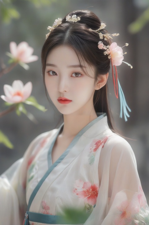  arien_hanfu,1girl, solo, flower, long hair, black hair, hair ornament, (big breasts:1.6),hair flower, blue|green eyes, floral print, chinese clothes, looking at viewer, detached sleeves, upper body, white flower, parted lips, dress, pink flower, china dress, bare shoulders, blush, red flower, eyelashes, white dress, lips, sleeveless, parted bangs, grey background, gongzhuqie, neon_dress,huansha, glowing,lens flare,big leaf,plant, wind, chang,(big breasts:1.66), light master, MAJICMIX STYLE