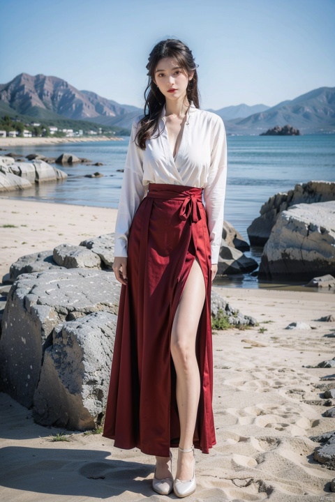  On the beach, a beautiful girl, long hair, standing, upper body wearing a suit,, (big breasts:1.5), lower body wearing stockings, feet in red high heels (round at the knee), waiting for someone, high cold royal sister, 1girl, shuimo, DUNHUANG_CLOTHS,bamboo,moyou, xiayuhe, chang, long skirt,(big breasts:1.59)