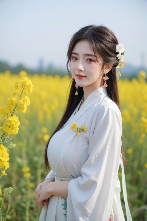  Enhanced, masterpiece, 16K, girl, Solo, Flower Field, rape flower, (\meng ze\), yue , hair ornament , hanfu,(big breasts:1.39)